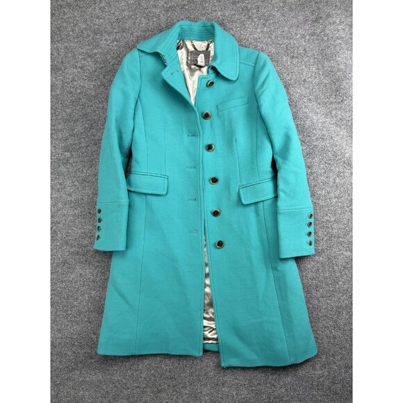 J.Crew Coat Womens 0 Teal Double Cloth Wool Cashmere Long Button Front Lined - Picture 1 of 6
